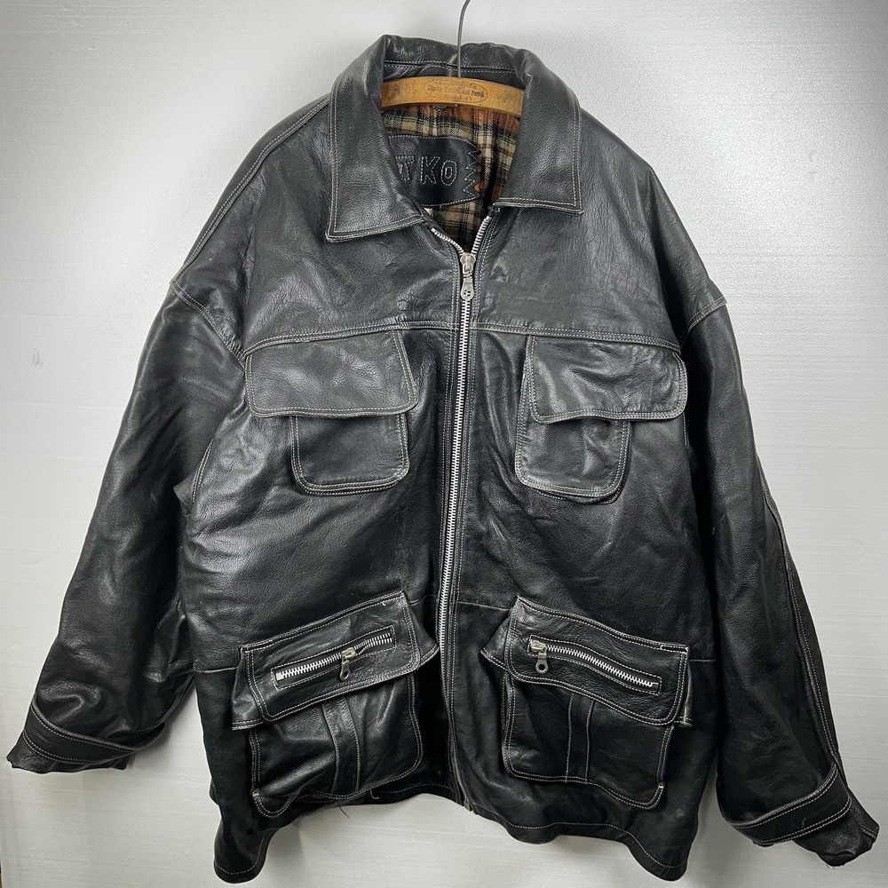 Vintage TKO Heavy Leather Motorcycle Jacket 3XL Black Flannel Quilted Lined Coat